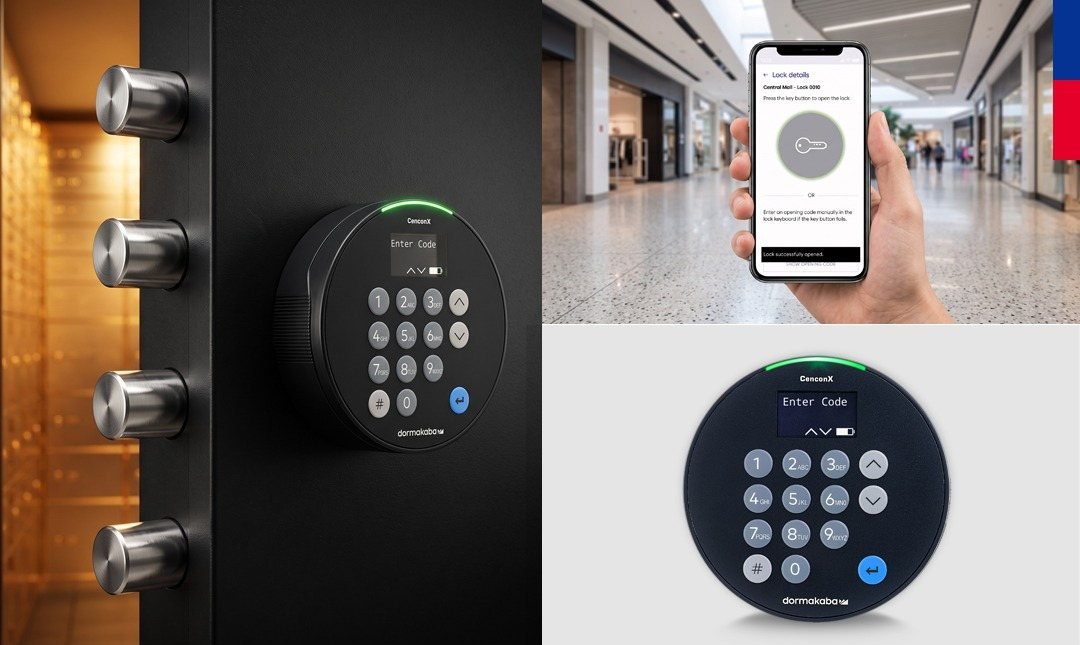 dormakaba CenconX safe lock on a vault door, with mobile app control and a close-up of the keypad