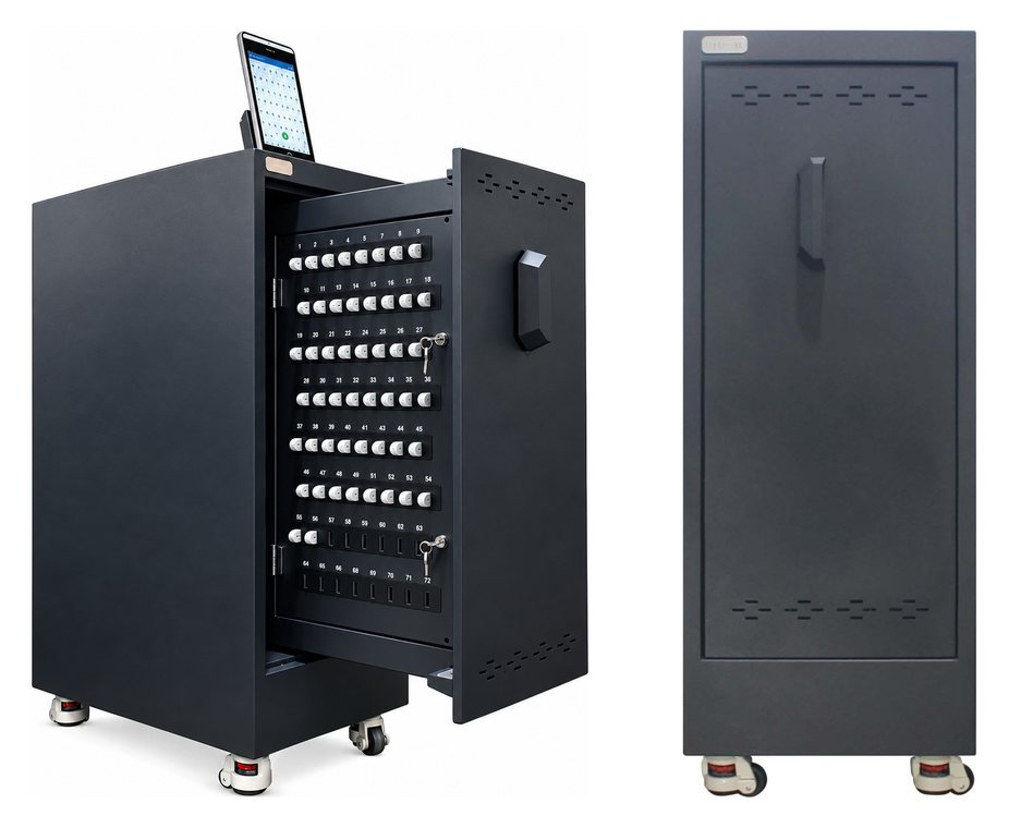 Landwell X8 series key cabinet, open with key panel and tablet controller, and closed front view